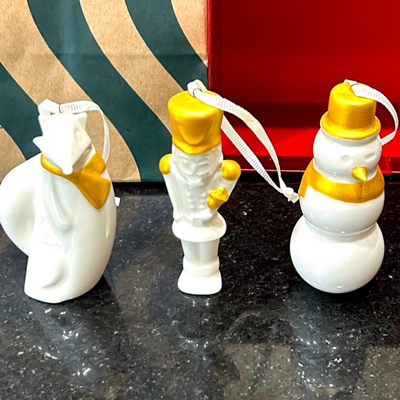 Starbucks Other - 🎄Starbucks Ceramic White With Gold Accents Ornaments Set 2012 NWT